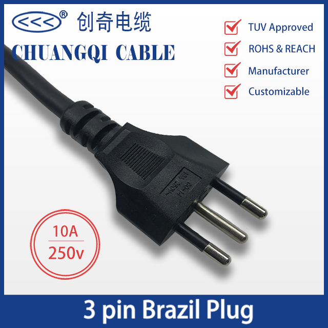 3 Pin Brazil Plug Brazilian Inmetro Power Cord with Cable TUV Approved