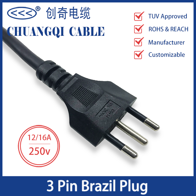 3 Pin Brazil Plug 12/16A Brazilian Inmetro Power Cord with Cable TUV Approved