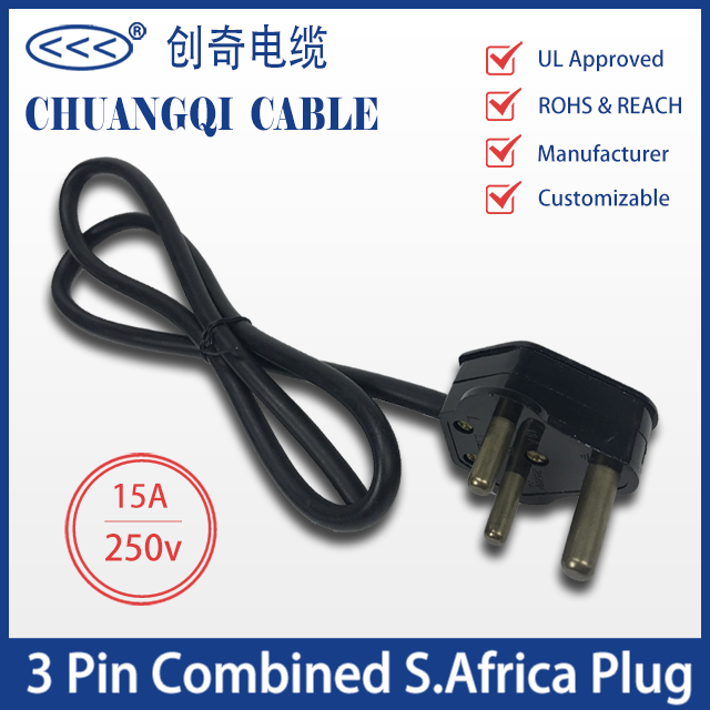 3 Pin Combined S.Africa Plug South African Power Cord with Cable UL Certification Approved