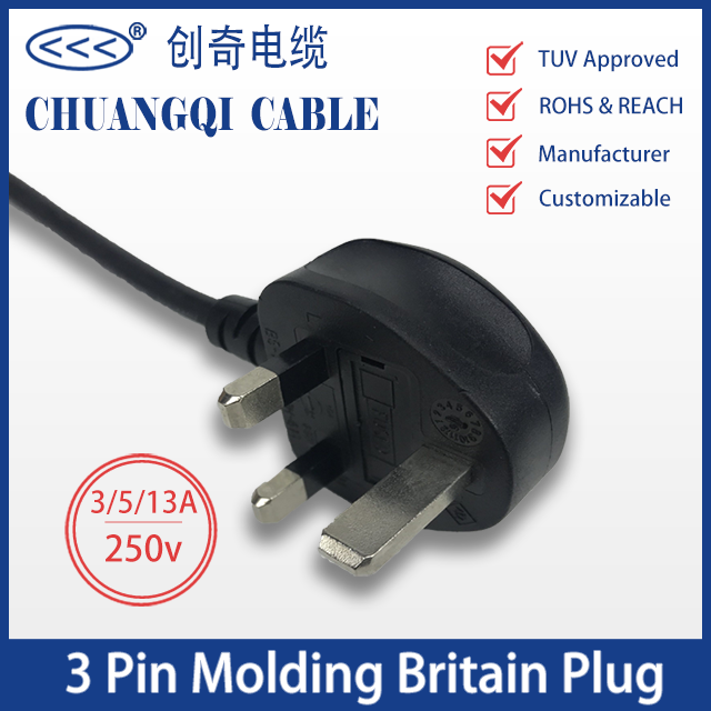 3 Pin Injection Molding Britain Plug British Power Cord with Cable TUV Certification Approved