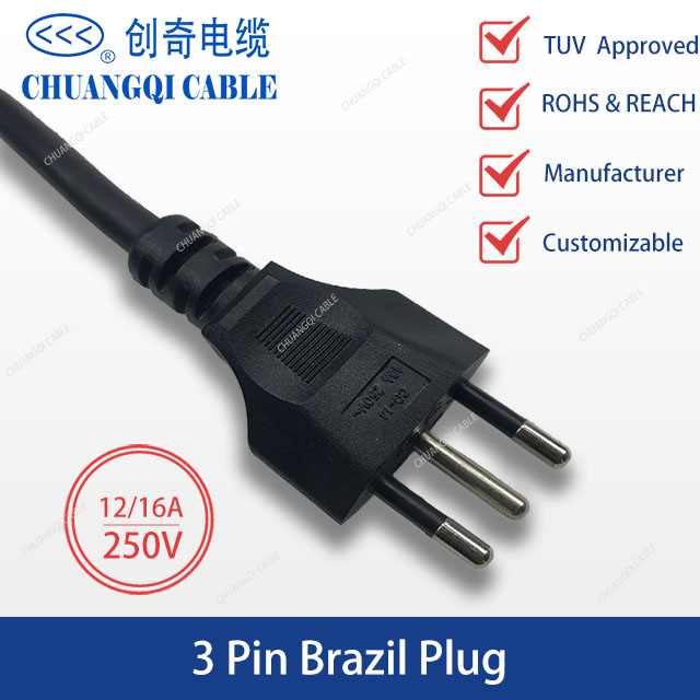 3 Pin Brazil Plug 12/16A Brazilian Inmetro Power Cord with Cable TUV Approved