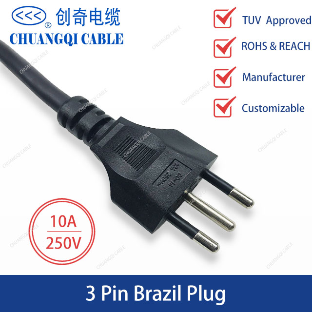 3 Pin Brazil Plug Brazilian Inmetro Power Cord with Cable TUV Approved