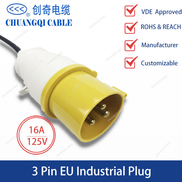 3 Pin EU Industrial Plug European Power Cord with Cable VDE Certification Approved