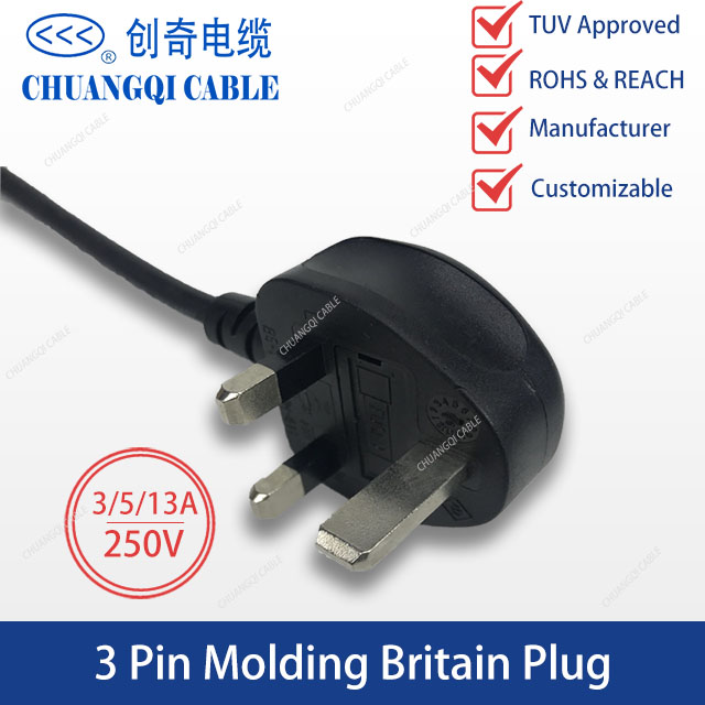 3 Pin Injection Molding Britain Plug British Power Cord with Cable TUV Certification Approved