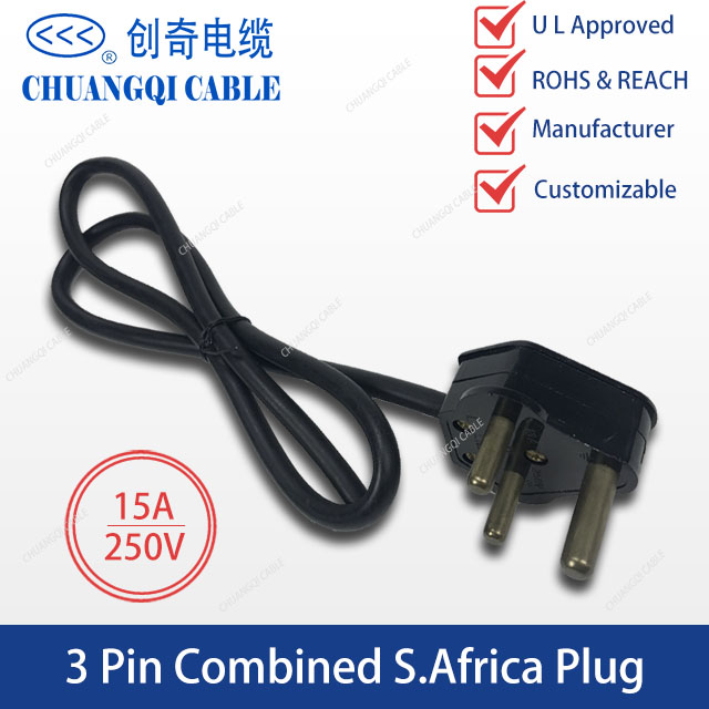 3 Pin Combined S.Africa Plug South African Power Cord with Cable UL Certification Approved