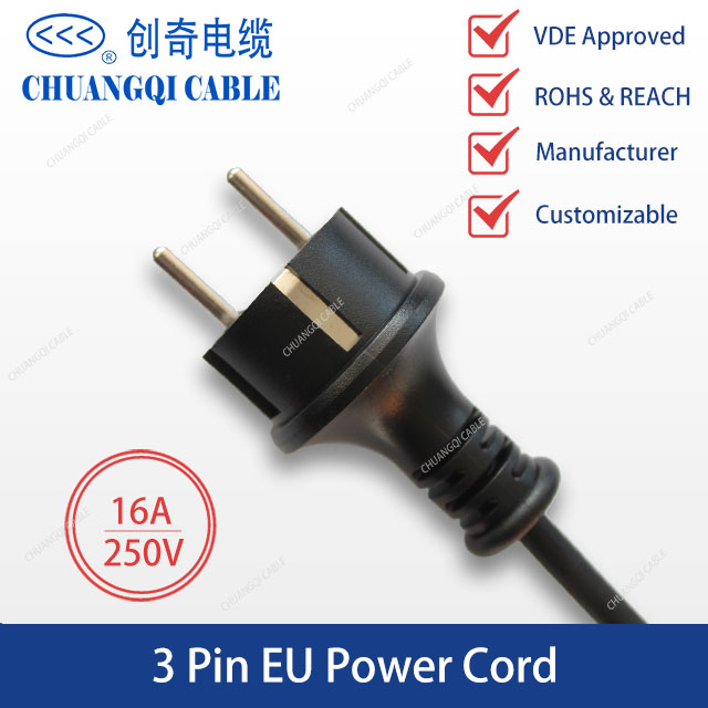 3 Pin EU Plug European Power Cord with Cable VDE Approved（CQ-03）