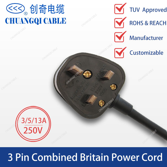 3 Pin Combined Britain Plug British Power Cord with Cable TUV Certification Approved